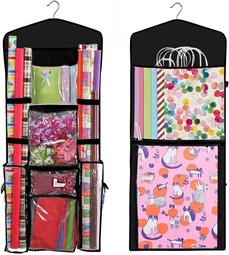 Primode Hanging Gift Wrapping Paper Storage Organizer Bag, Double Sided Multiple Front & Back Pockets Organize Your Gift Wrap, Full Black, 1 Count (Pack of 1) - Image 1